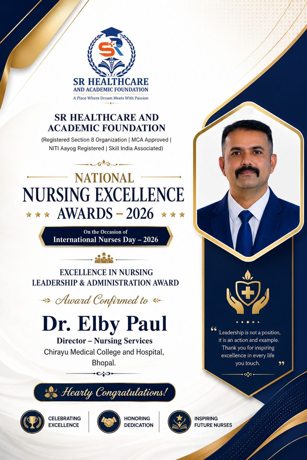 SR Healthcare and Academic Foundation – National Nursing Excellence Awards 2026 recognizing Dr. Elby Paul for Excellence in Nursing Leadership & Admin