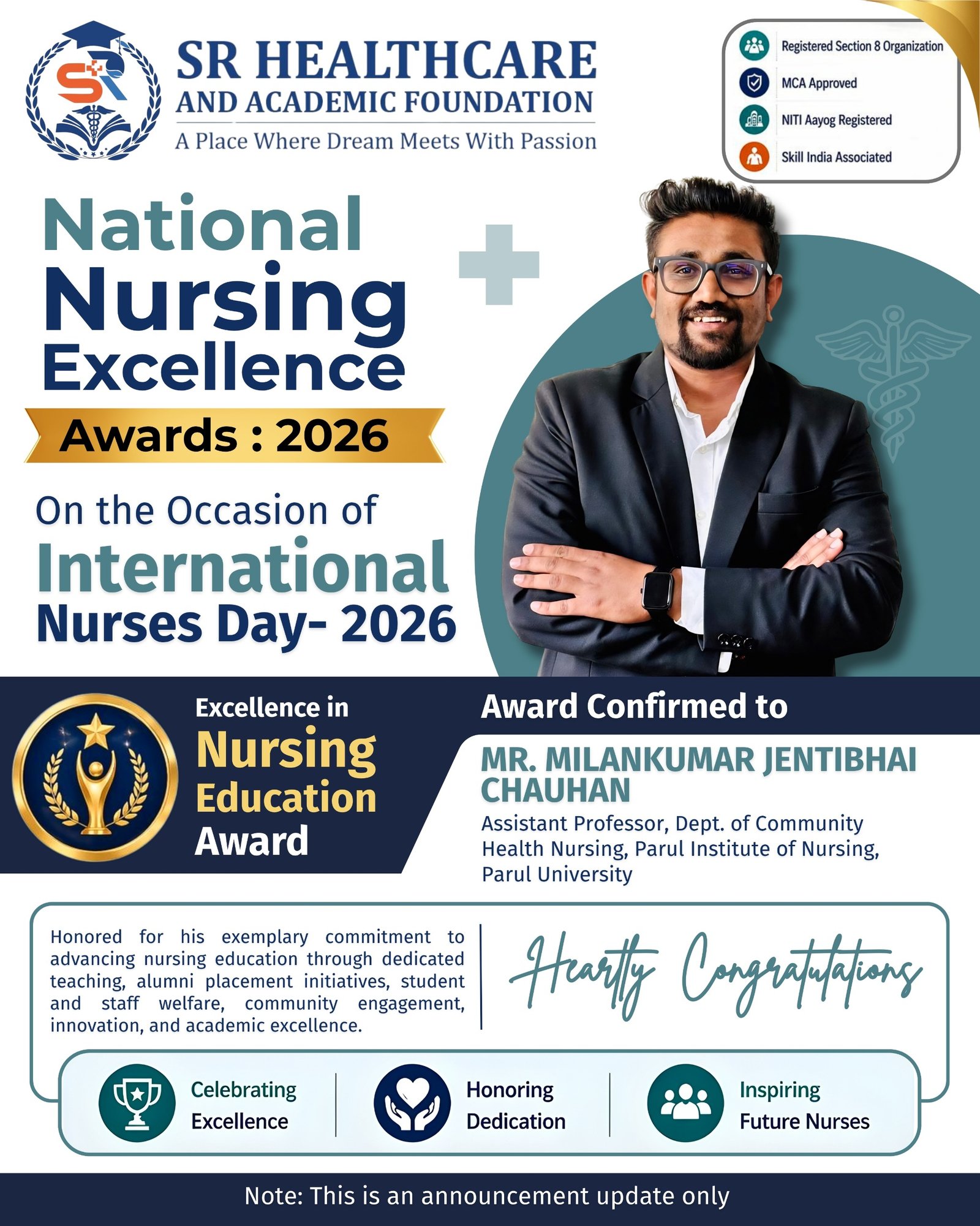 Excellence in Nursing Education Award to Mr. Milankumar Jentibhai Chauhan, Assistant Professor, Department of Community Health Nursing, Parul Institut