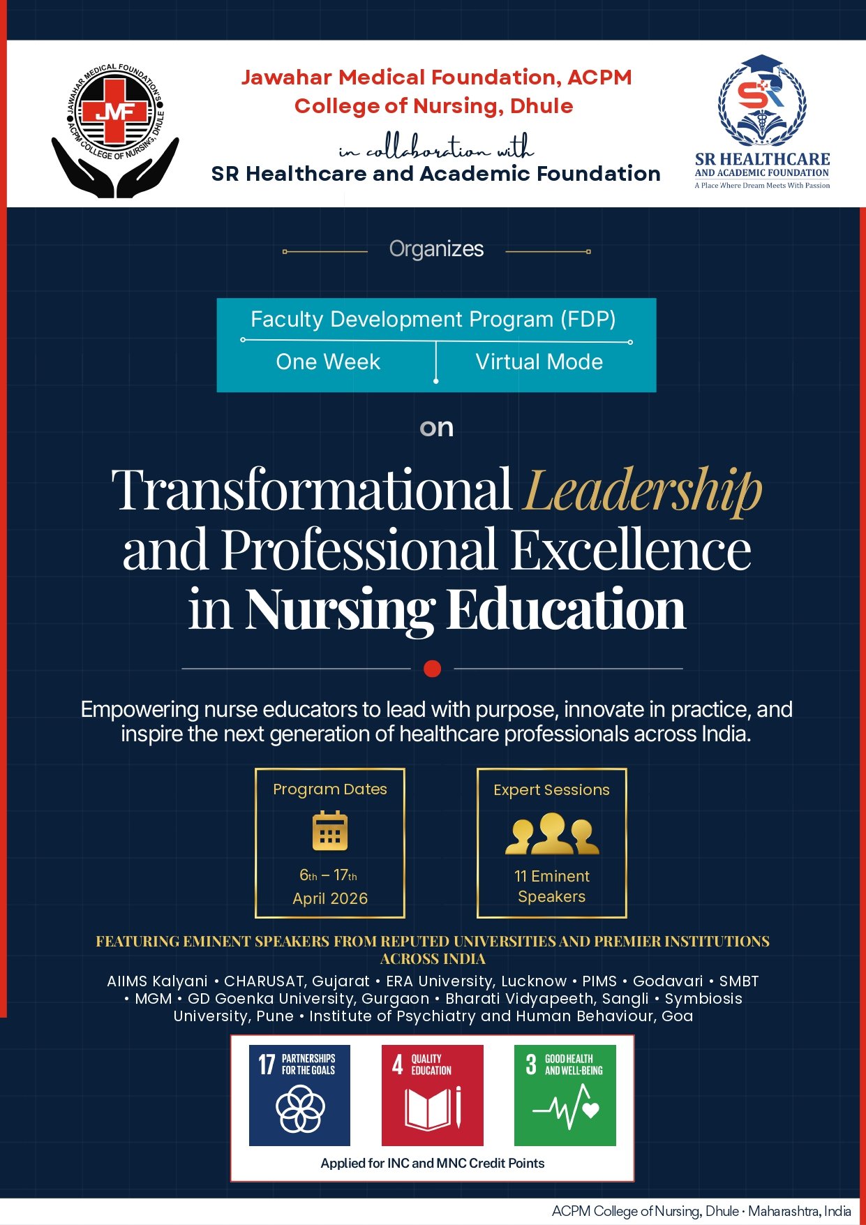 🎓 Faculty Development Program (FDP) 2026 🎓  Jawahar Medical Foundation, ACPM College of Nursing, Dhule